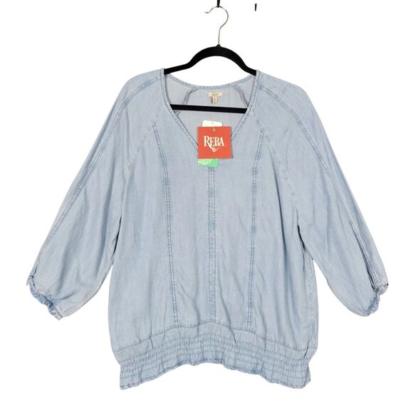 NWT REBA Blue Chambray Tencel Smocked Waist Boho Western Top SIZE MEDIUM - Picture 1 of 10